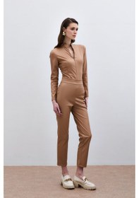 Resim Sateen Yüksek Bel Deri Pantolon - Camel-135287 Camel 