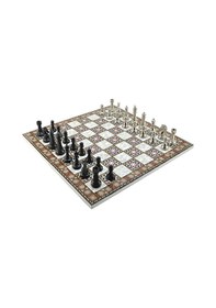 Resim Gifthome Premium Black Metal Klasik Satranç Takımı Ve Katlanır Sedef Desenli Mdf Tahtası 43x43 Cm. 