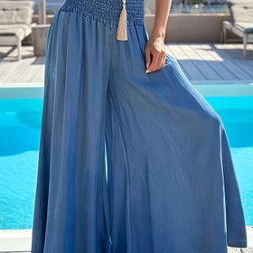 Resim Kadınlar için Rahat Yeşil Geniş Bacaklı Pantolon - Hafif Polyester, Yivli Kenar, Bahar / Sonbahar Modası, Evde veya Dışarıda Rahat Bir Şekilde Giyilebilir, Lounge Pantolon 