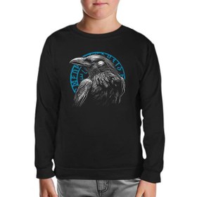 Resim Raven Bird in Front of a Viking Rune Siyah Çocuk Sweatshirt 