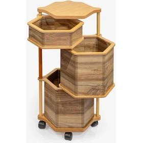 Resim Ahşap Altıgen Tekerlekli Kahve Sebzelik 3 Katlı Yana Açılır Patates Soğan Sarımsak 