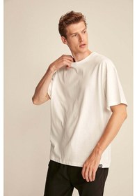 Resim Grimelange Jett Erkek Oversize Fit %100 Organik Pamuk Kalın Dokulu Bisiklet Yakalı Beyaz T-shirt Beyaz 