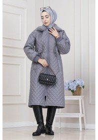 Resim Yakası Kürklü Capitone Mont-gri-5561 Gri 