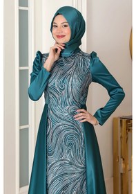 Resim Raika Moda Taş Baskı Tasarım Saten Miray Abiye Zümrüt 