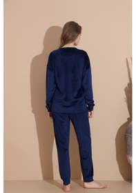 Resim Lukitus Kadife Uzun Kol Kadın Pijama Takımı Lacivert 