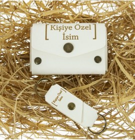 Resim Miaju Beyaz Renk İsme Özel Deri Cüzdan Ve Anahtarlık Takım, Yüksek Kalite Aksesuar Beyaz 