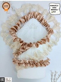 Resim Dantelli Bebek Battaniyesi %100 Pamuklu Doğal Organik Uyku Kundağı Hediyelik Yenidoğan Mevlütlük Knd45523 Ekru 