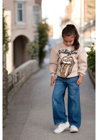Resim Kız Çocuk Yeni Sezon Leopar Desen Açık Kahve - Bej Renk Rolling Sweatshirt Krem 