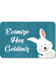 Resim Dijital Baskılı Kapı Önü Paspas Hoşgeldiniz Yazılı Çiçek Desen Ve Tavşan Iç Ve Dış Kapı Yıkanabilir Açık Mavi 