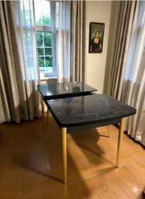 Resim Msy Home Traverten/sonomo/siyah Mermer Gold/krom Ayaklı Mdf 80 130 Kelebek Açılabilr Yemek Masası Siyah Mermer Gold 