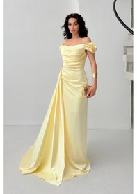 Resim Feminist Sarı Drape Detaylı Saten Kumaş Abiye Elbise 9704858.11 Sarı 