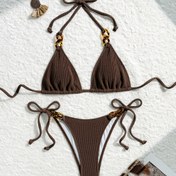 Resim Kadınlar için şık iki parçalı bikini seti - Seksi V-yaka, bağcıklı detay, kahverengi ve altın tonlu detaylar, orta esneklikli polyester kumaş, plaj tatilleri ve havuz kenarı giyim için ideal, iki parçalı mayo|Canlı iki parçalı set|Polietilen karışımlı 