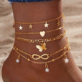 Resim 4 adet Kelebek, İnci, Yıldız ve Sonsuzluk Sembolü takıları ile Boho Chic Ayak bileziği Seti - Kadınlar için Vintage Çinko Alaşımlı Ayak Takıları, Tüm Mevsimler için Aksesuar, Bohem Tarzı Ayakkabılar|Vintage Çinko Alaşımlı Ayak bilezikleri|İnci Süslemeleri, Bohem Ayak bilezikleri 