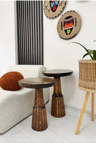 Resim ASELYA HOME Ahşap 2’li Set Mantar Yan Sehpa Modern Ceviz Renk Fiskos Zigon Çiçeklik 