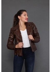 Resim Hakiki Kuzu Derisi Kollları İşlemeli Fermuarlı Kadın Ceket Kahverengi Kahverengi 