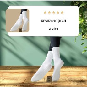 Resim 2 Çift Yoga Pilates Çorabı Kadın Silikon Kaymaz Taban Pamuklu Soket Tenis Çorap Altı Havlulu Beyaz Renkli 