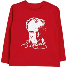 Resim Yare Unisex Çocuk Kırmızı Atatürk Fırça Baskılı Uzun Kollu T-shirt 