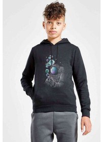 Resim Astronot Baloncuk Baskılı Unisex Çocuk Kapüşonlu Siyah Sweatshirt 