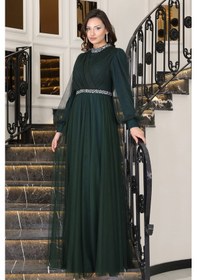 Resim Raika Moda Senna Taş Detaylı Büyük Beden Şık Tesettür Abiye Zümrüt 