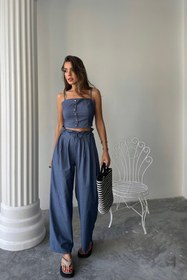 Resim TENCEL CROP ASKILI BLUZ - ŞALVAR PANTOLON TK - İndigo - İndigo / L 