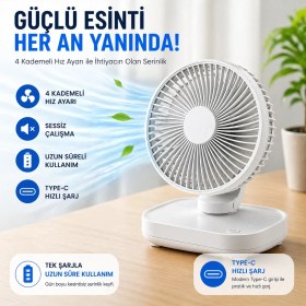 Resim Robeve Yk Şarjlı Masaüstü Vantilatör USB Type-C - 4 Kademeli Hız, Sessiz Çalışma, Taşınabilir Mini Fan, Uzun Batarya, 90° Ayarlanabilir Başlık, Ofis Ev Kullanım Fan Vantilatör 