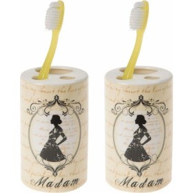 Resim 2 Adet Seramik Diş Fırçalık Madam Desenli 7x7x11cm Banyo Seti Çok Renkli 