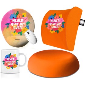 Resim AVANTAJLI 4'LÜ OFİS SETİ: Visco Bel Destek Yastığı & Oturma Minderi & Mousepad & Kupa - Never Give Up Turuncu - EVET 