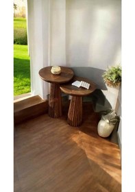 Resim Doğal Masif Ahşap Yan Sehpa Seti 2 Li Ceviz Renk Zigon Ve Fiskos Sehpa - Dekoratif Çiçeklik Ceviz 