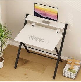 Resim Bodo Metal Ayaklı Laptop Masası Katlanır Çalışma Masası Raflı Masa Katlanır Laptop Sehpası Beyaz-Çam 