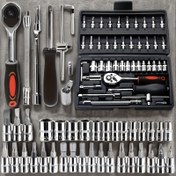 Resim 46 Parça Profesyonel Soket Seti, 1/4 İnç Sürücü Demir Ratchet Pense, Çok Fonksiyonlu Vidalama Uçları, Metrik Hassasiyet, Uzatma Çubuğu ile, Araç Tamiri ve Bakımı için İdeal, Montaj Gerekmez 