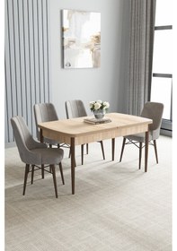 Resim Jusie Meşe Desen 80x132 Açılabilir Yemek Odası Takımı 4 Adet Sandalye Gri 
