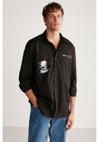 Resim Grimelange Mılton Erkek Regular Fit Standart Kesim %100 Pamuk Kalın Dokulu Baskı Ve Yazı Nakışlı Siyah Gömlek 