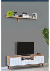 Resim Mindy Tv Sehpası Atlantik Çam Beyaz Gold Detaylı 2 Kapaklı 1 Çekmeceli 160x50x36 Cm 