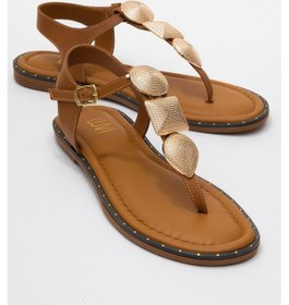 Resim Luvishoes Luvi Shoes Helen Taba Hakiki Deri Parmak Arası Gold Tokalı Kadın Sandalet Taba 