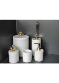 Resim Beyaz Mermer Gold Mercan Aksesuarlı 5'li Banyo Seti Beyaz 