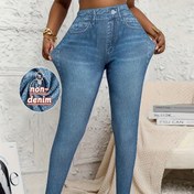 Resim Kadınların Esnek Skinny Faux Denim Baskılı Tayt - Açık Mavi Faux Denim Görünümlü, Rahat Tüm Mevsimler İçin, Günlük Kıyafetler İçin Mükemmel 