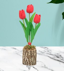 Resim Kütük Saksıda Yapay Üçlü Kırmızı Lale Çiçeği 
