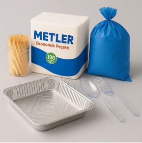 Resim Metler 6'lı Piknik Seti | Peçete Kürdan Çatal Kaşık Çöp Poşeti Alüminyum Folyo Tepsi Kamp Piknik Malzemesi 