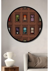 Resim Apartman Pencereleri Sulu Boya Görünümlü Ahşap Tablo Yuvarlak Duvar Tablosu Çerçeve Görünümlü--- 20 X 20 
