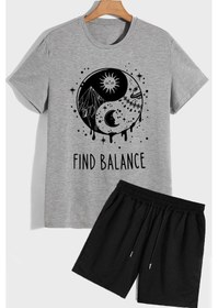 Resim Ying Yang Şort T-shirt Eşofman Takımı Gri 