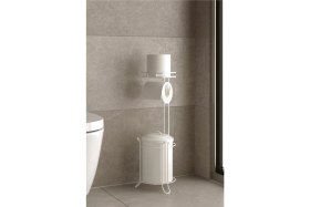 Resim Beyaz Ayaklı Çöp Kovası ve Tuvalet Kağıtlık Seti, Şık ve Pratik Kullanım 