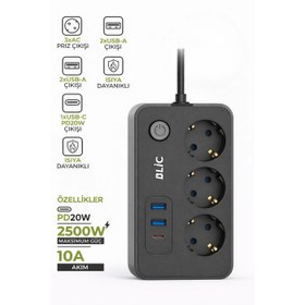 Resim Blic Ftr-02 Akım Korumalı 3Lü Grup Priz - 2500W, 20W PD USB-C ve 2x USB-A Hızlı Şarj, 2 Metre 