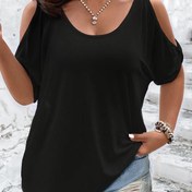 Resim Büyük Beden Düz Askılı T-Shirt, Rahat Yaka Kısa Kollu T-Shirt, Kadınlar için Büyük Beden Giyim 