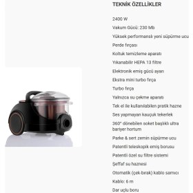 Resim Arnica Bora 2400W Yüksek Emiş Gücü Su Filtreli Özel Su Hazneli Sistemi Ile Tozu Suya Hapseden %99.9 Hijyenik Temizlik Sağlayan Hepa 13 Filtreli Sulu Süpürge + Parfüm Hediyeli 