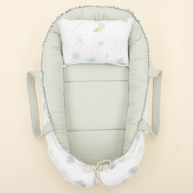 Resim Babynest ve Yastık - Çift Taraflı - Açık Yeşil Petek - Su Yeşili Güneş 