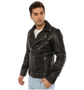 Resim Hakiki Kuzu Derisi Çapraz Fermuarlı Erkek Deri Ceket Siyah Siyah 