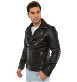 Resim Hakiki Kuzu Derisi Çapraz Fermuarlı Erkek Deri Ceket Siyah Siyah 