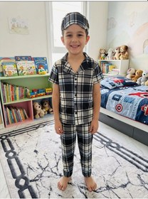 Resim Aliş Kids Erkek Çocuk Pamuklu Gri Ekose Desenli Kısa Kollu Gömlek Yaka Düğmeli Yazlık Pijama Takımı 