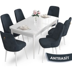 Resim Canisa Concept Nev Serisi 80 x 132 cm Açılabilir Beyaz Mutfak Masa Takımı 6 Sandalye Gold Halkalı 