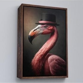 Resim Ahşap Çerçeveli Şapkalı Pembe Filamingo Tablosu 55x75 cm Siyah Çerçeve, TTÇ.KNV7930FRM 